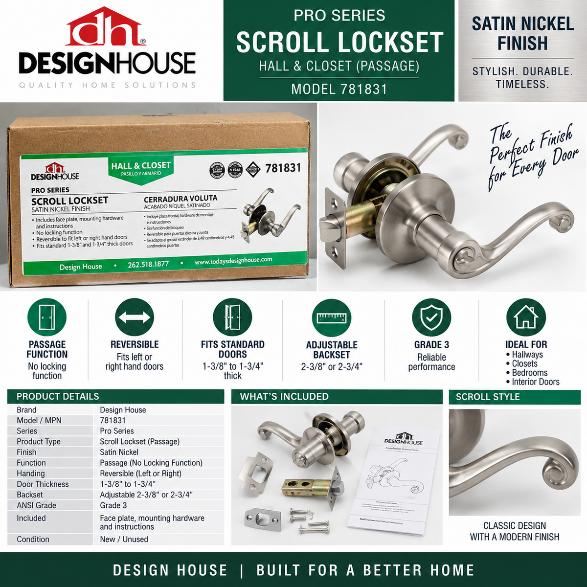 Design House 781831 Scroll Passage Door Lever Satin Nickel Hall Closet Lockset