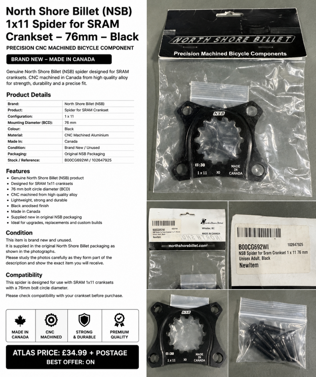 North Shore Billet NSB 1x11 SRAM Crankset Spider 76mm Black CNC Made Canada New