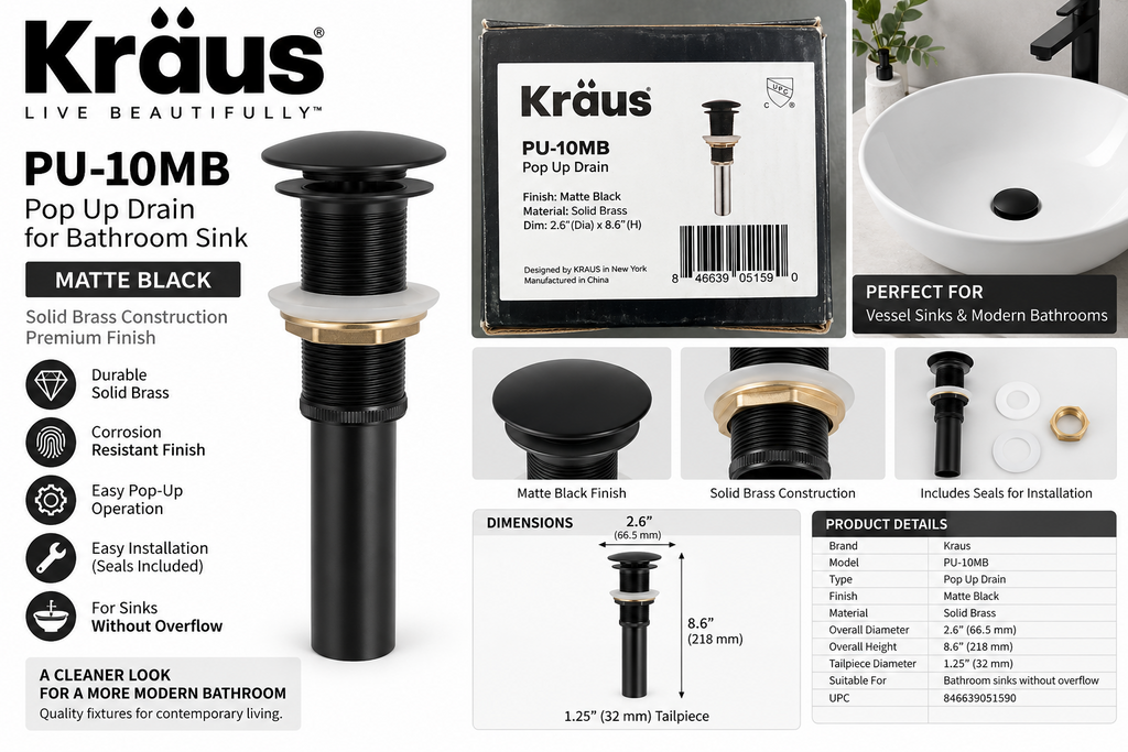 Kraus PU-10MB Pop Up Bathroom Sink Drain Matte Black Solid Brass No Overflow