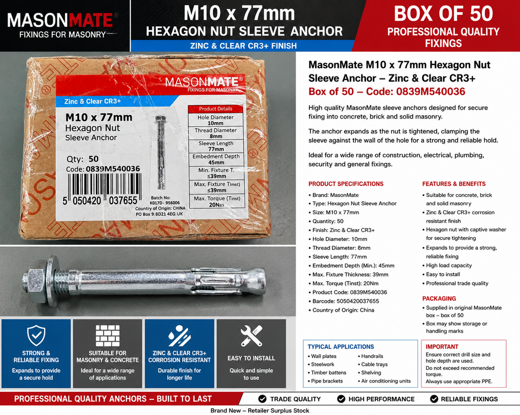 MasonMate M10 x 77mm Hex Nut Sleeve Anchors Zinc Masonry Fixings Box of 50