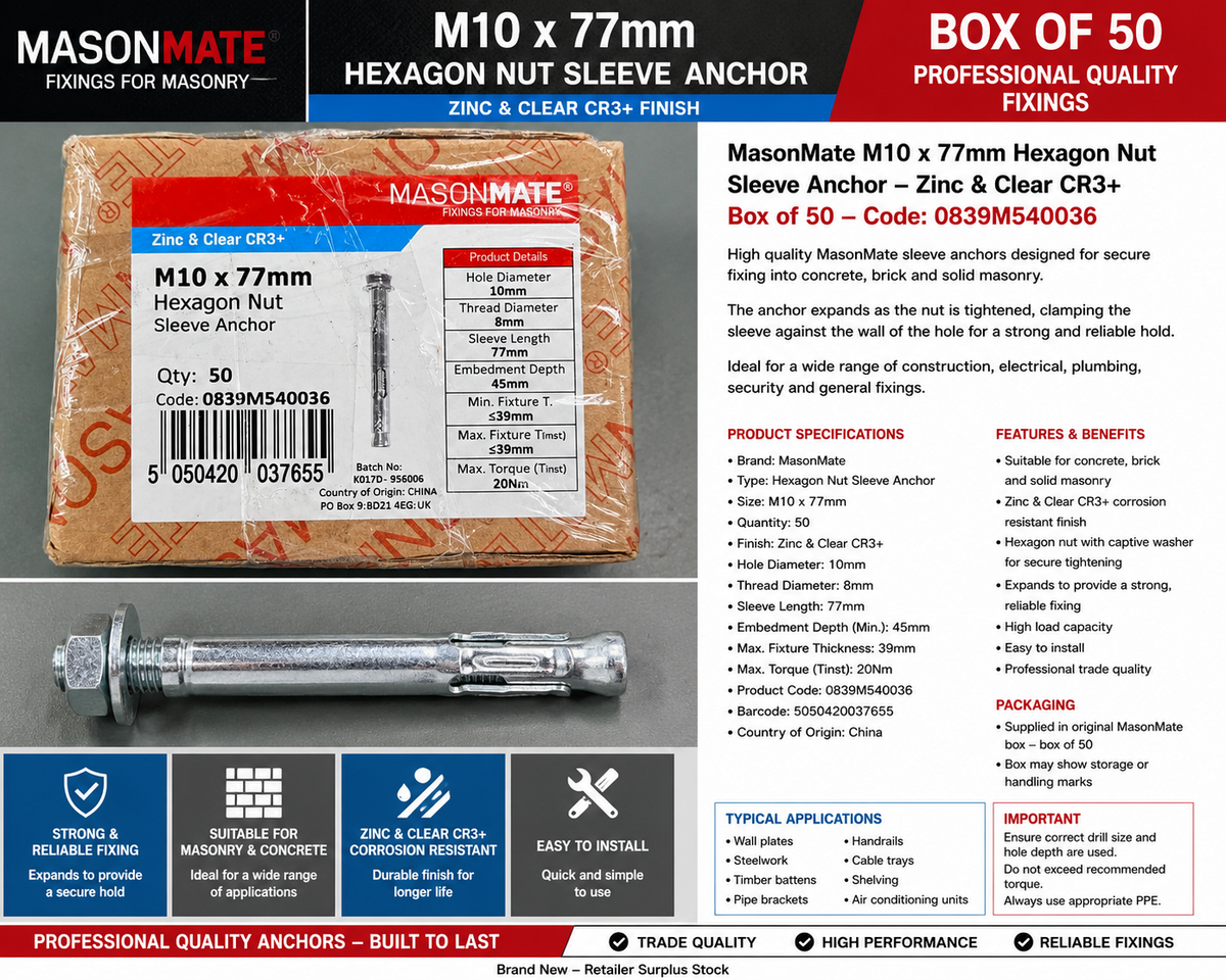 MasonMate M10 x 77mm Hex Nut Sleeve Anchors Zinc Masonry Fixings Box of 50