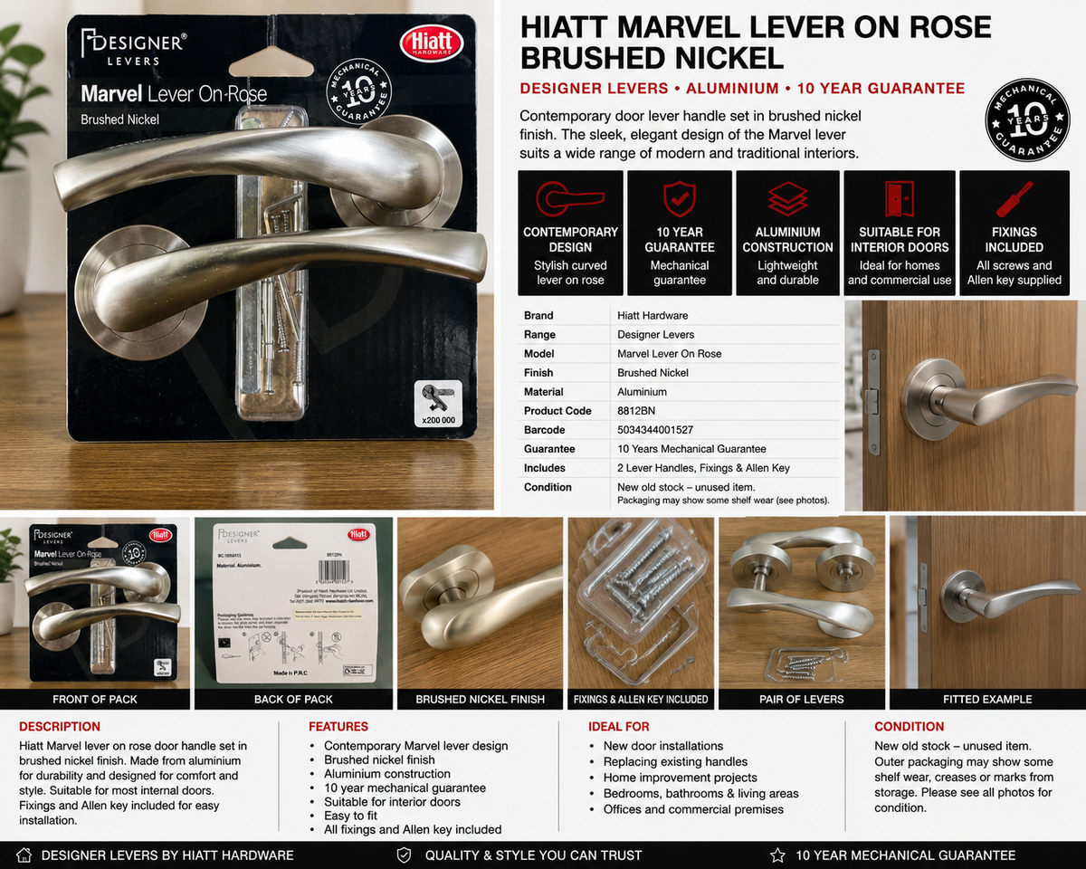 Hiatt Marvel Lever On Rose Door Handles Brushed Nickel Designer Pair 8812BN