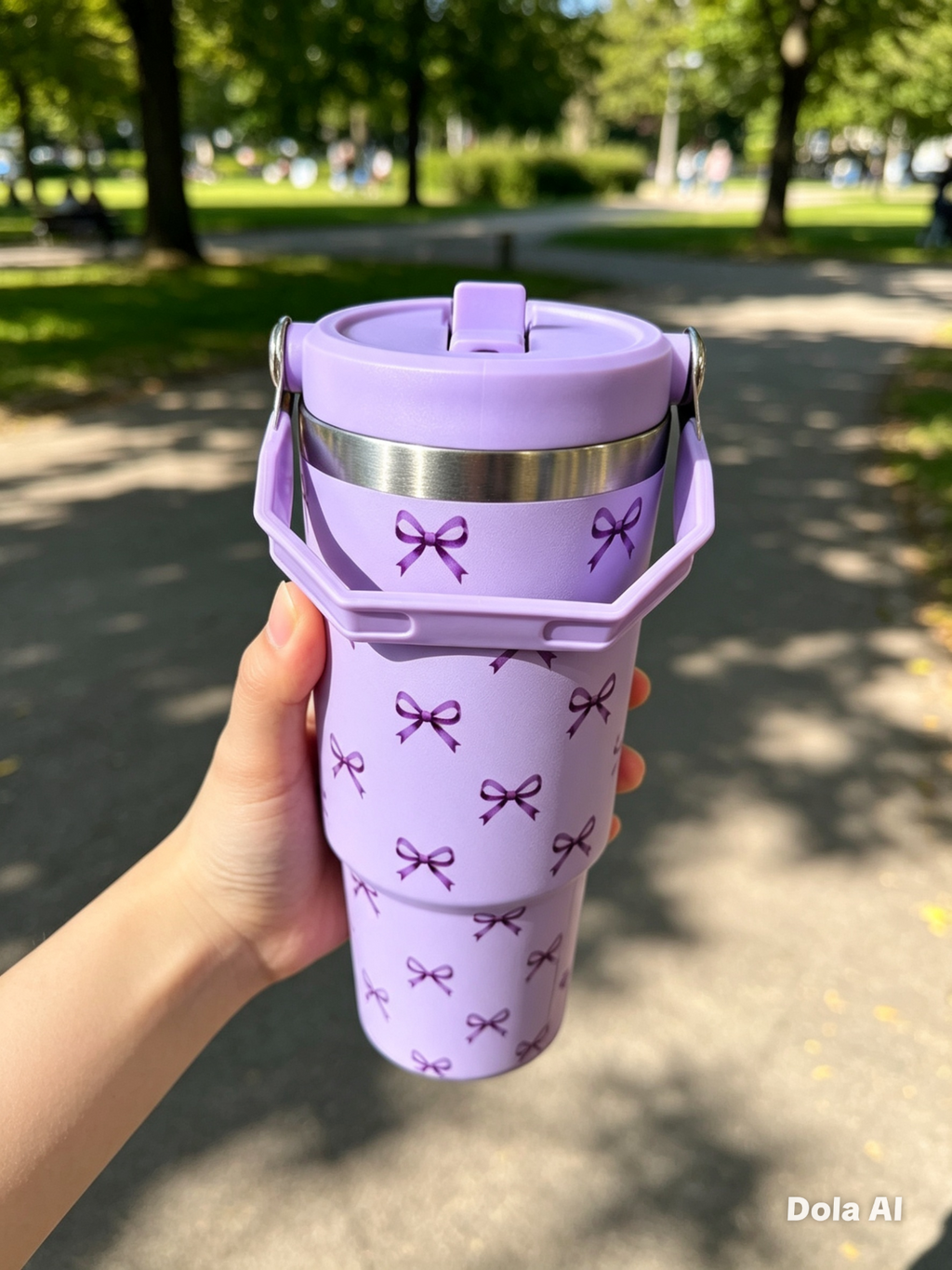 Purple Bow Insulated Travel Tumbler 600–800ml Hot Cold Mug With Handle