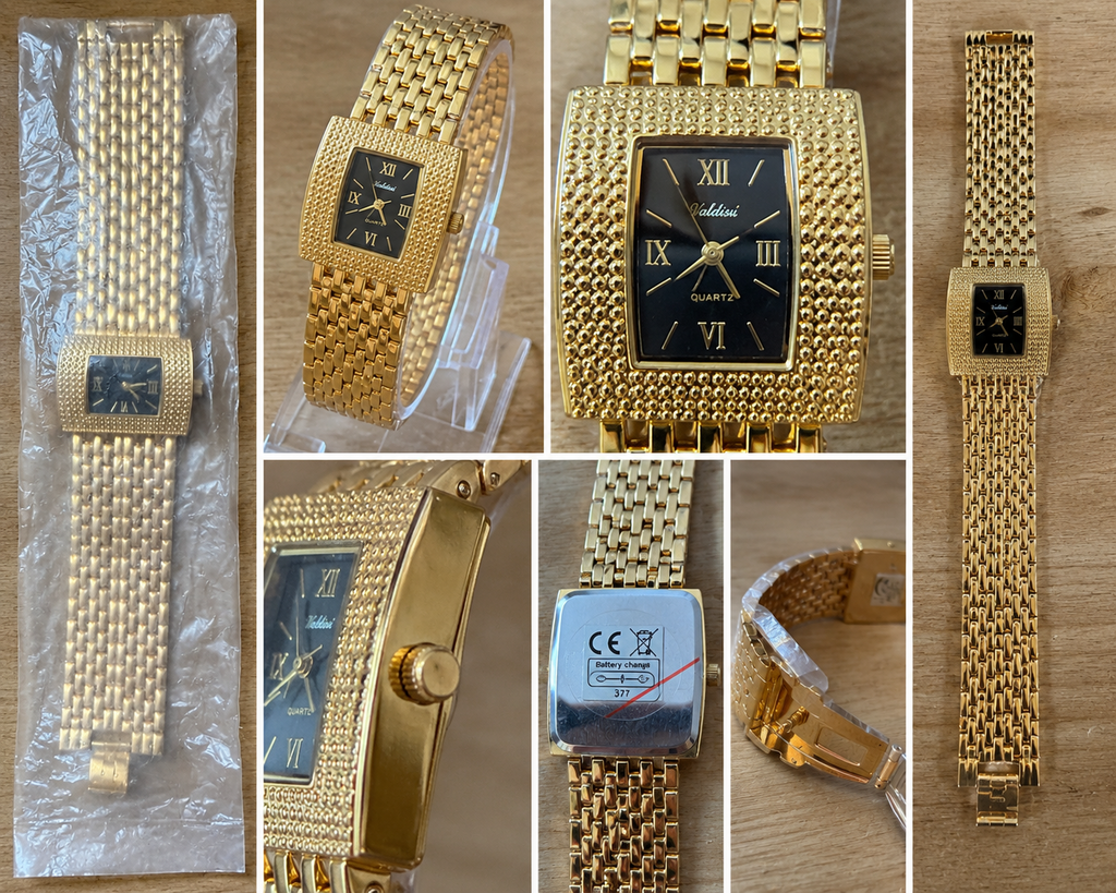 Gold-Tone Rectangular Bracelet Watch – Black Dial
