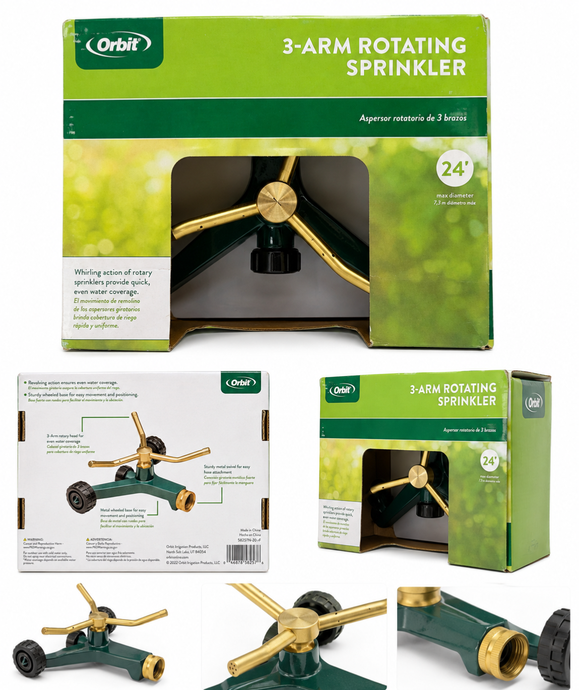 Orbit 58257N 3-Arm Rotating Garden Sprinkler Wheeled Metal Base 24ft Coverage