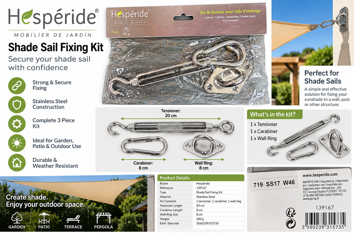 Hespéride 139167 Shade Sail Fixing Kit Stainless Steel Tensioner Carabiner Wall