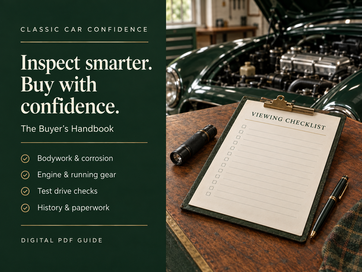 Classic Car Confidence digital PDF guide: bodywork and corrosion, engine and running gear, test drive checks, and history and paperwork