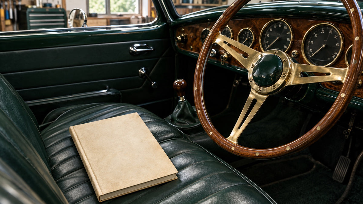 Illustrative book in a classic-car cockpit; digital PDF guide, no physical book supplied
