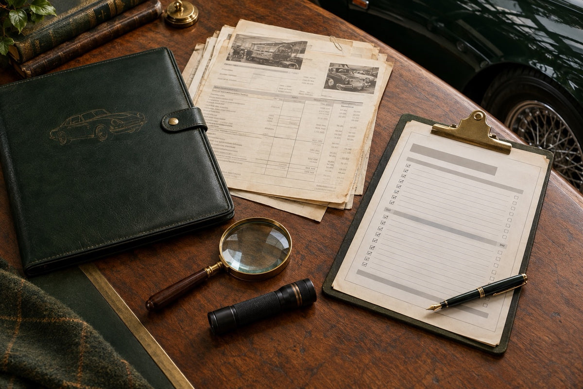 Illustrative classic-car history file, viewing checklist and inspection tools