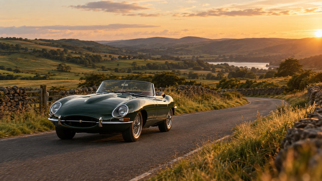 Illustrative classic sports car on a British countryside road