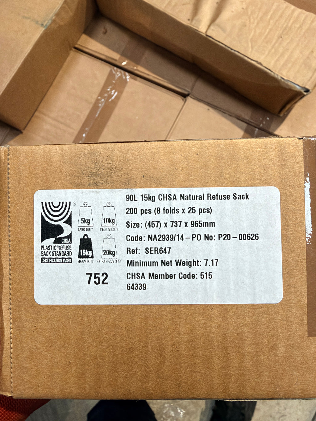 Box label – 90L 15kg CHSA natural refuse sack, 200 pcs, 457 x 737 x 965mm