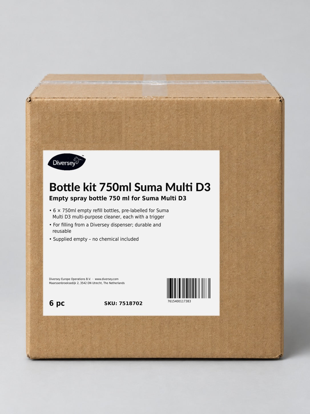 Diversey Suma Multi D3 Empty 750ml Spray Bottle Kit – studio image of the box