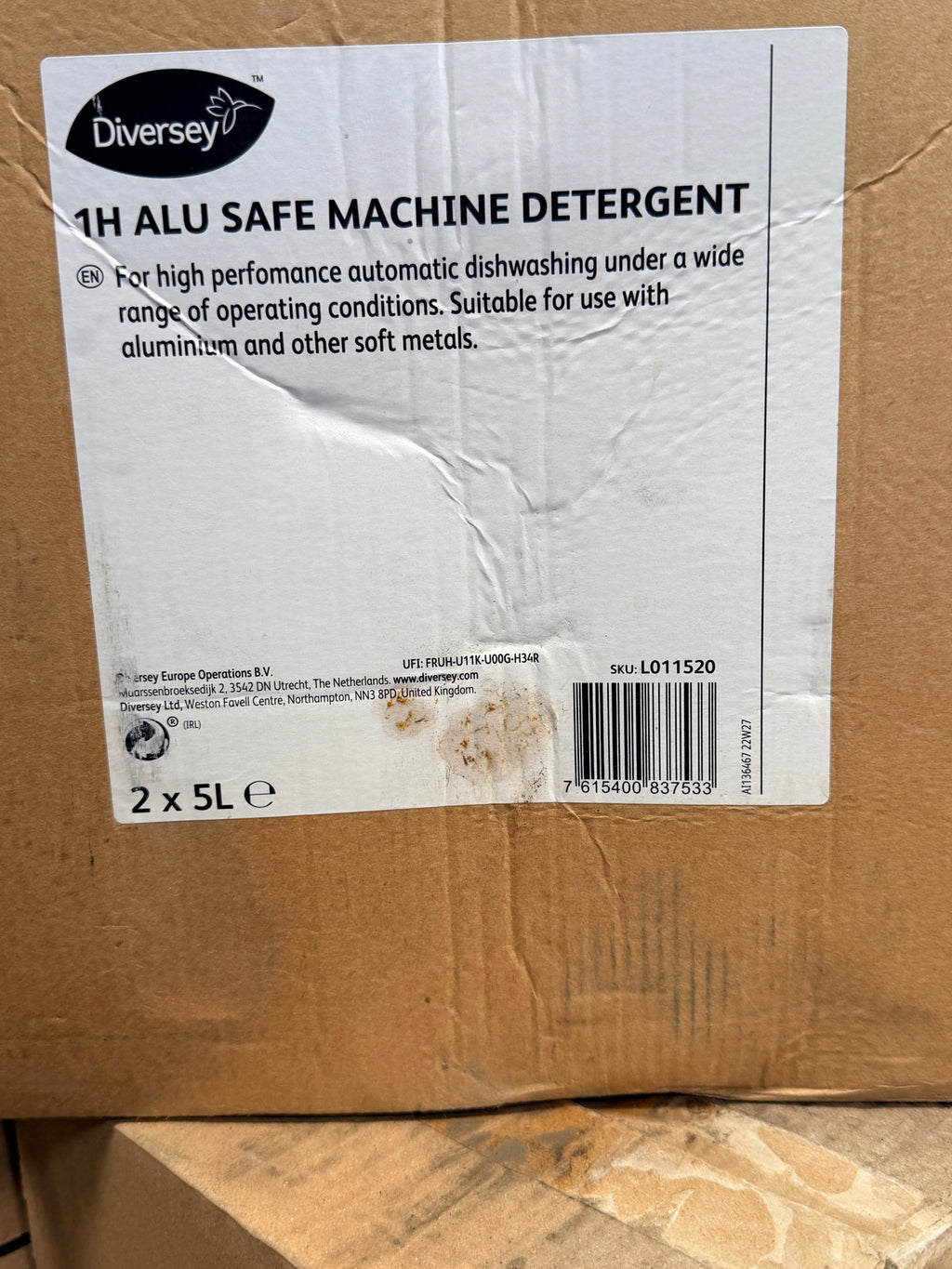 Diversey 1H Alu Safe Machine Detergent 2 x 5L case label – actual stock