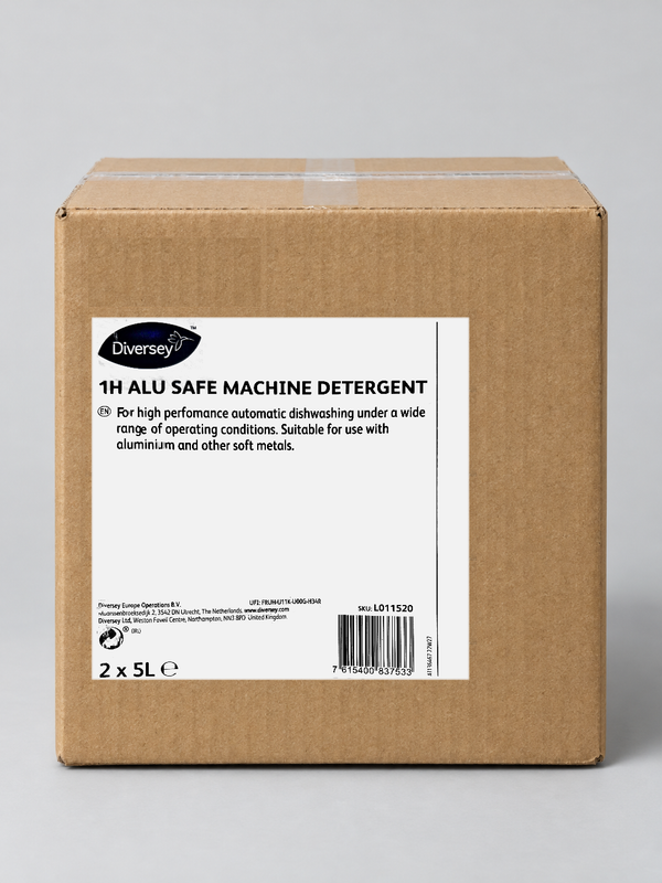 Diversey 1H Alu Safe Machine Detergent 2 x 5L case, L011520 – studio image with the real case label