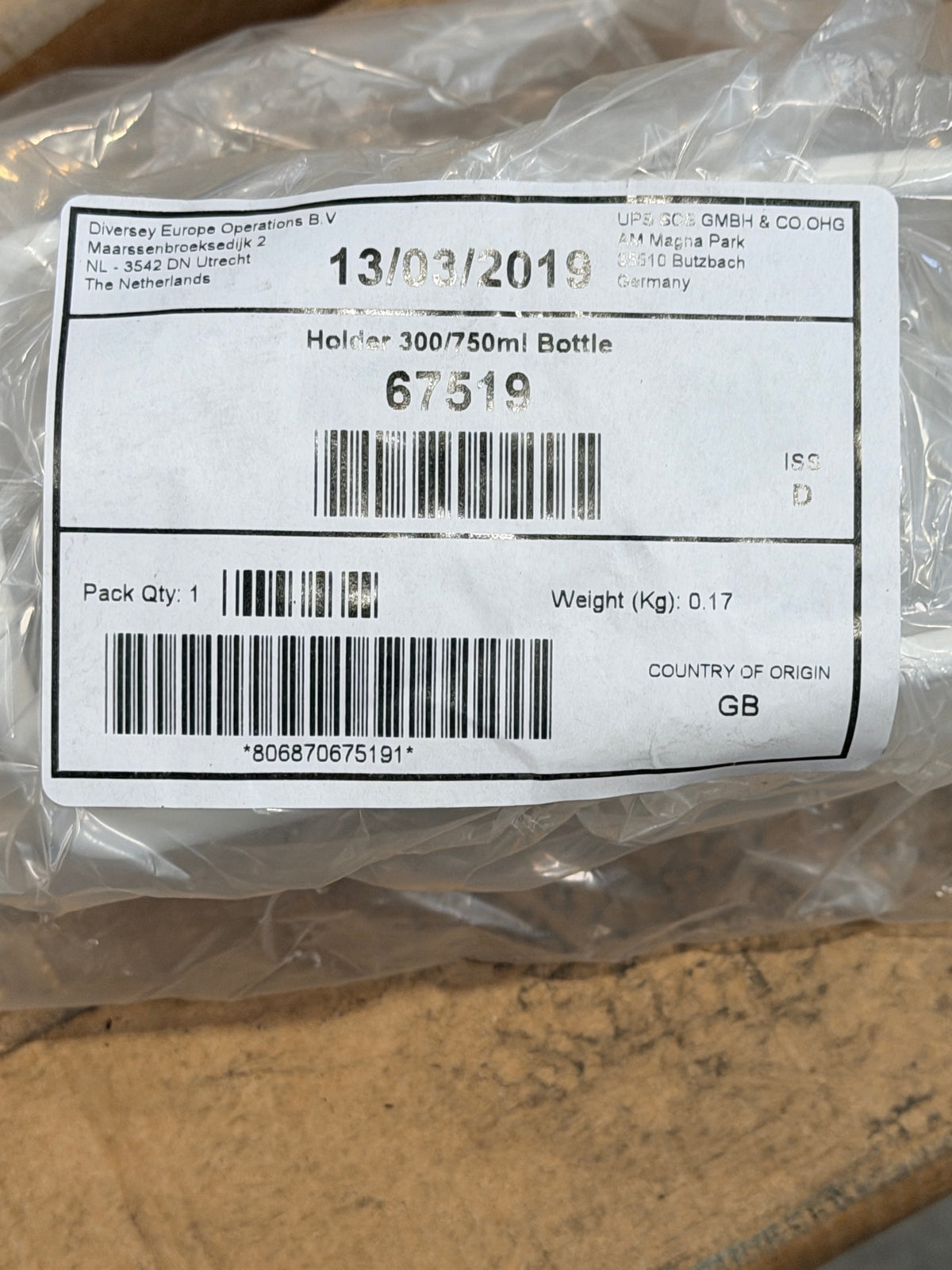 Bag label – Diversey Holder 300/750ml Bottle, 67519