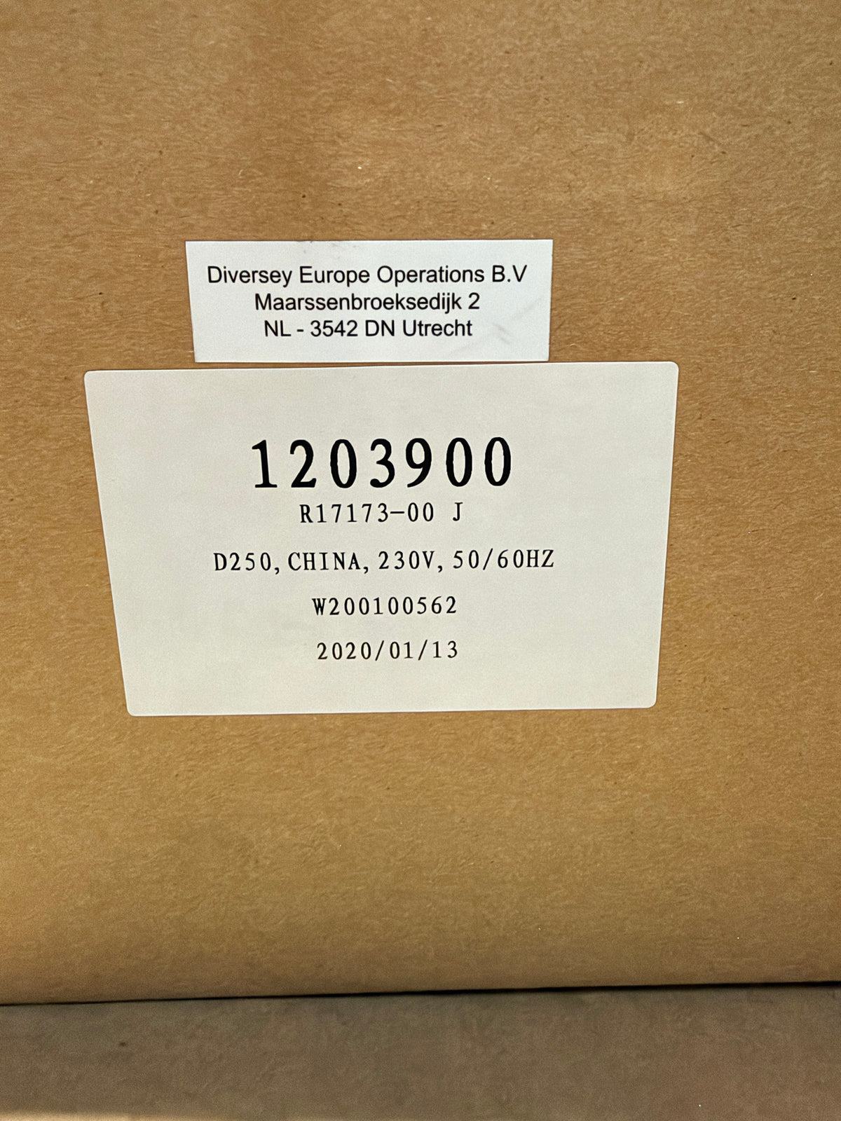 Diversey D250 box label – part 1203900, 230V 50/60Hz, dated 2020/01/13