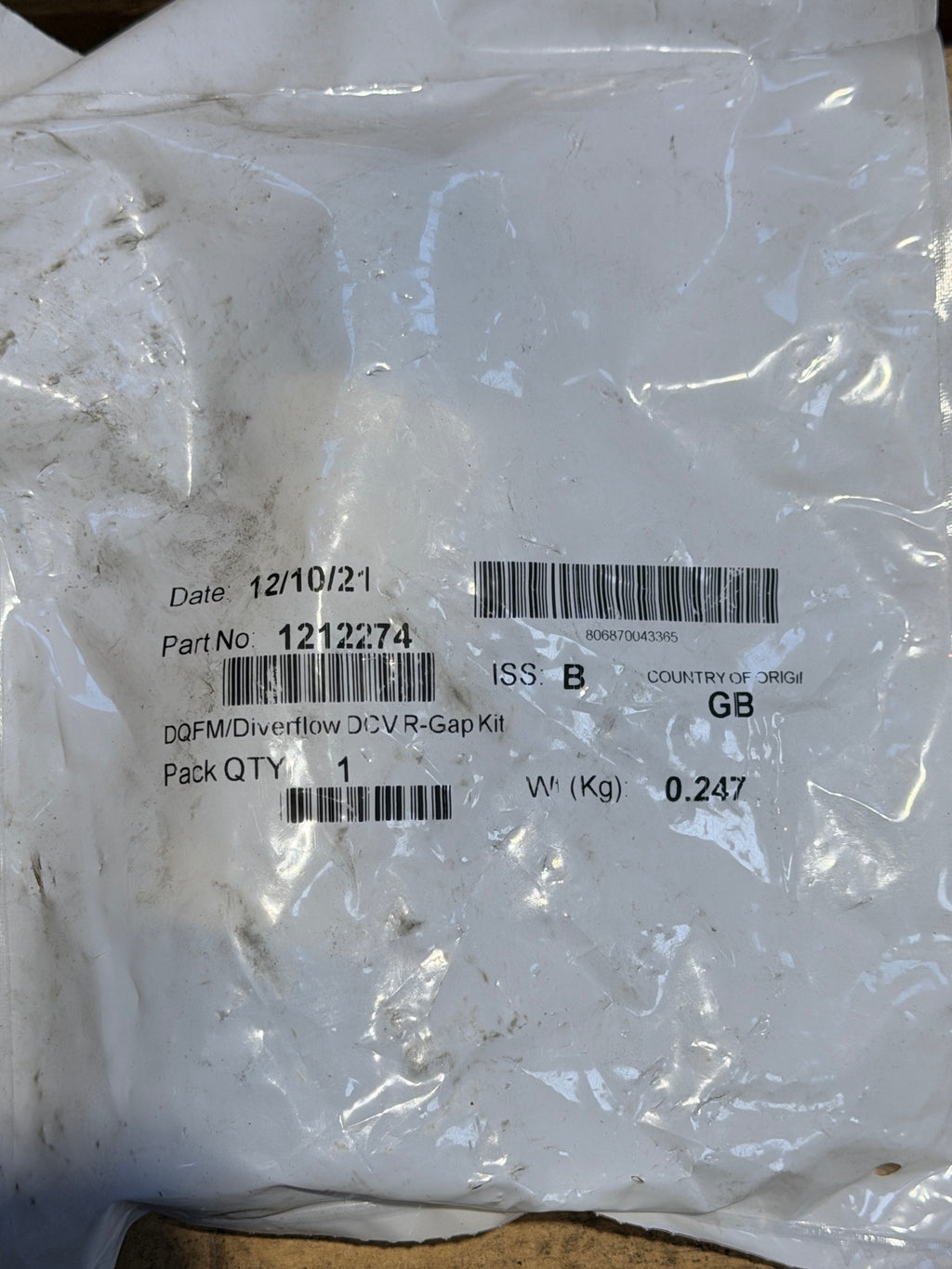 Bag label – DQFM/Diverflow DCV R-Gap Kit, part no. 1212274