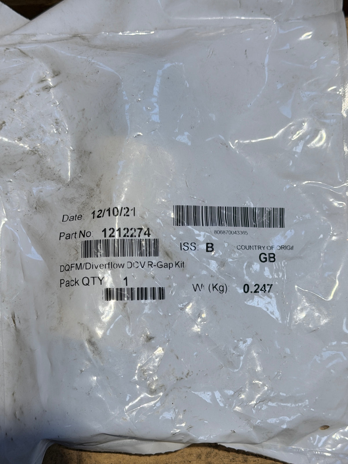 Bag label – DQFM/Diverflow DCV R-Gap Kit, part no. 1212274