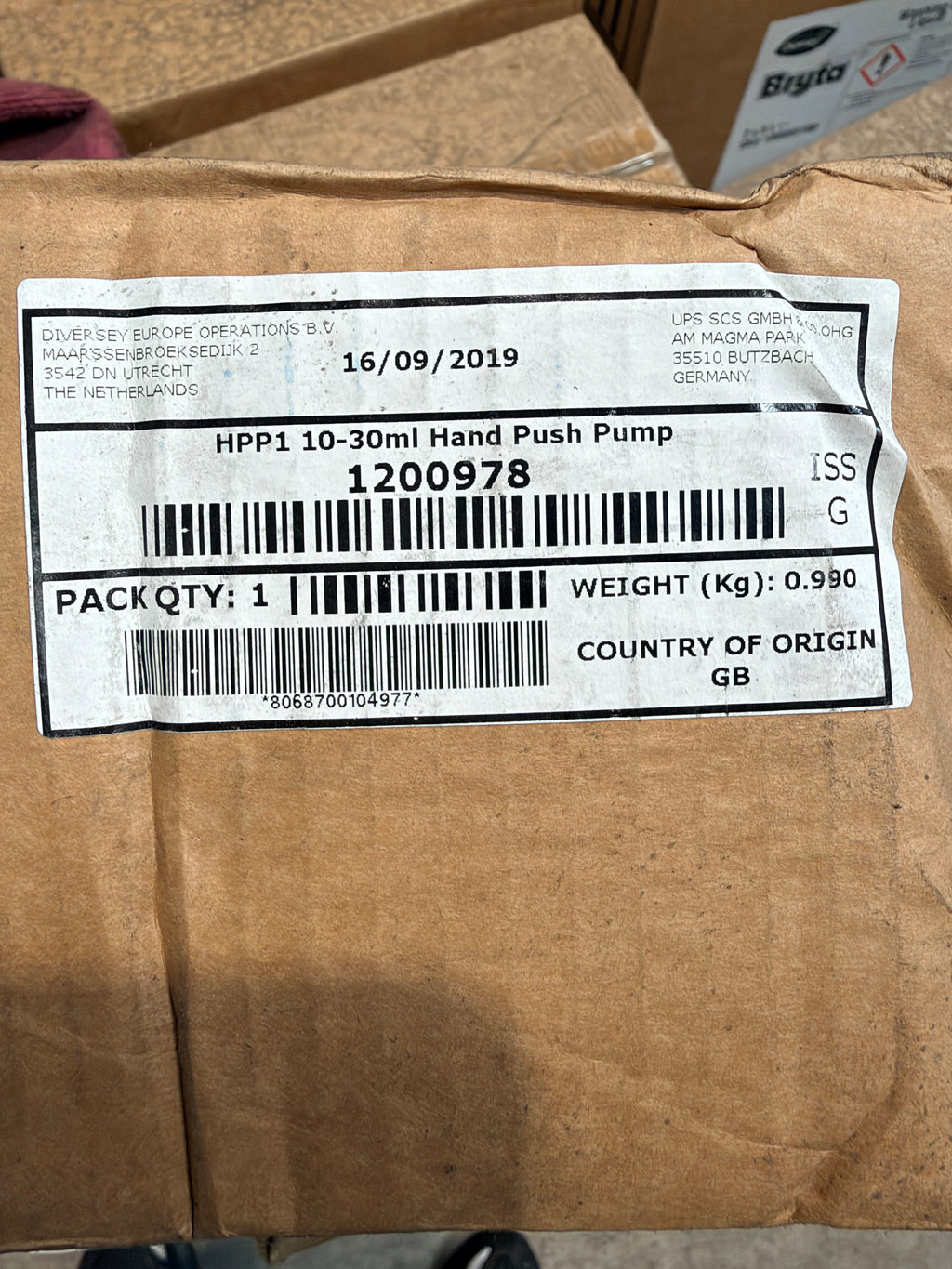 Diversey box label – HPP1 10-30ml hand push pump 1200978