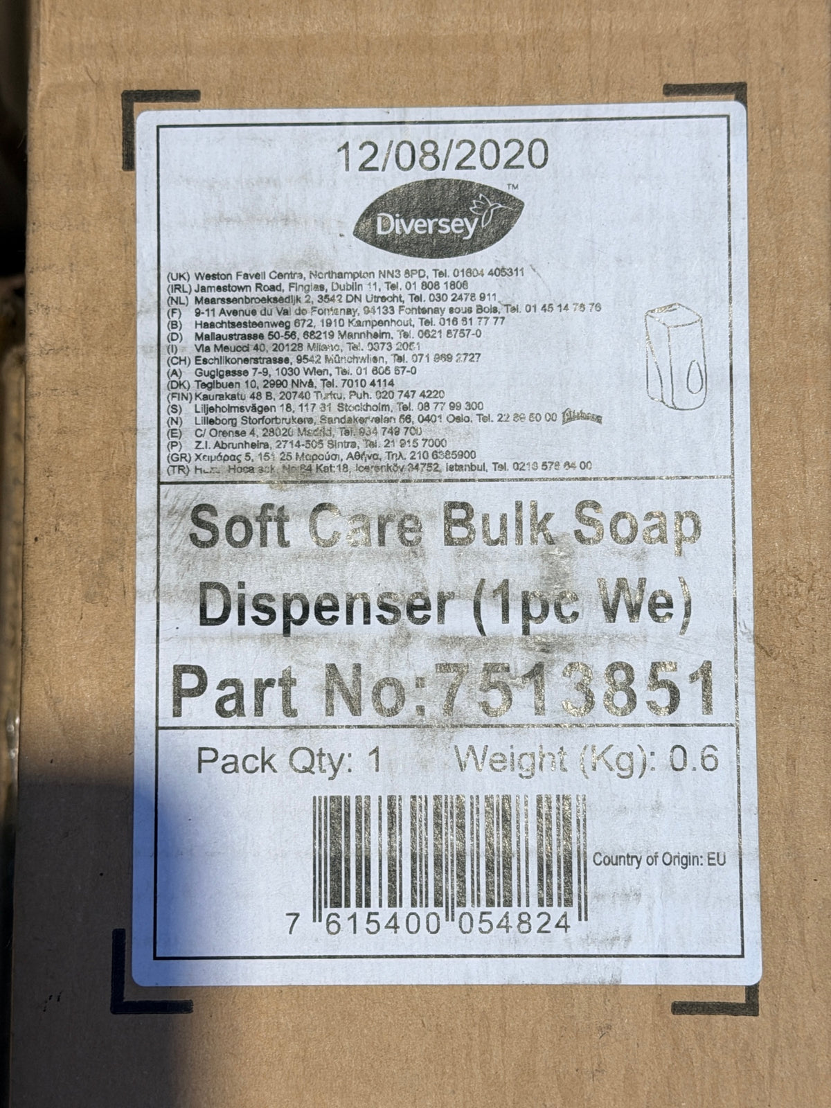 Box label – Soft Care Bulk Soap Dispenser, part no. 7513851