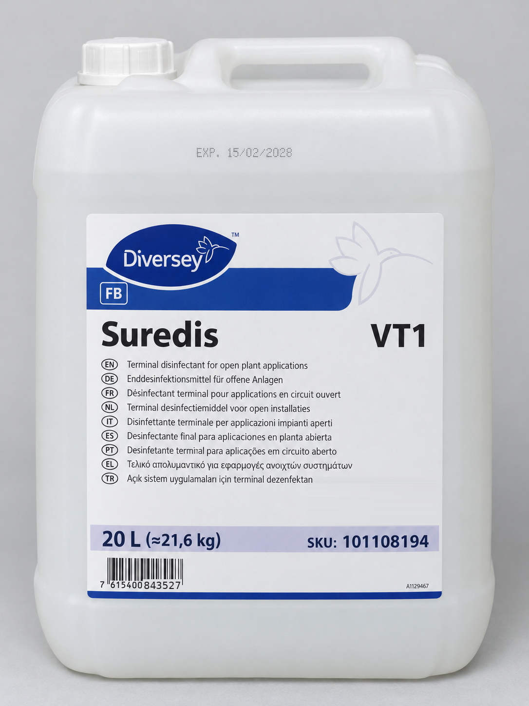 Diversey Suredis VT1 terminal disinfectant 20L drum – studio image