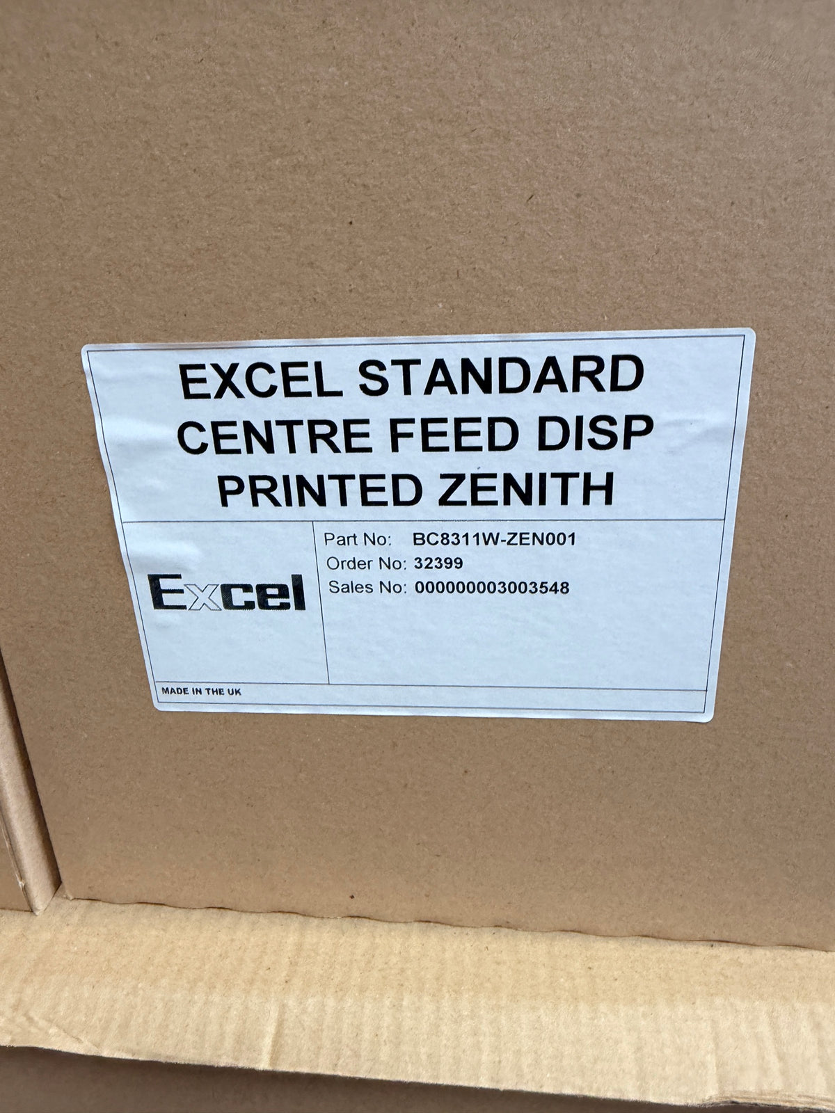 Carton label – Excel Standard Centre Feed Disp Printed Zenith, part no BC8311W-ZEN001