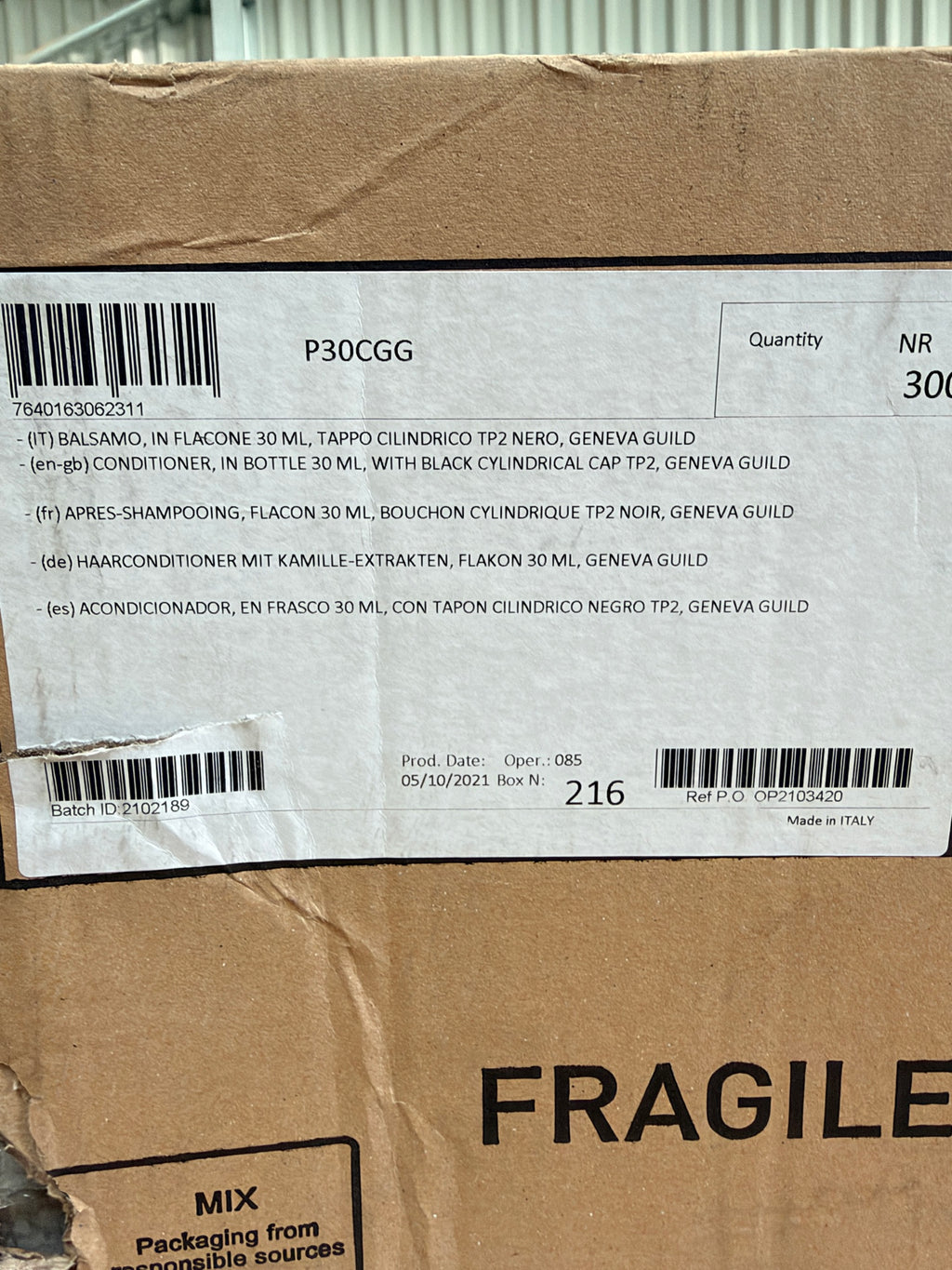 Box label – Geneva Guild conditioner 30ml, P30CGG, quantity 300, made in Italy
