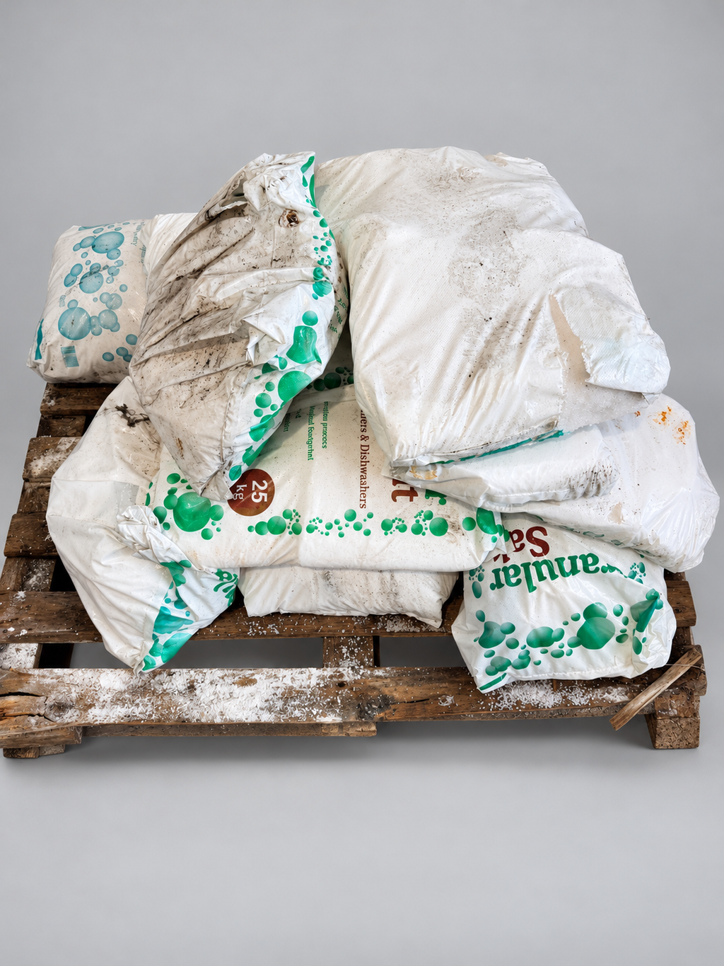 Clearance pallet of granular water softener and dishwasher salt – studio background, bags as photographed