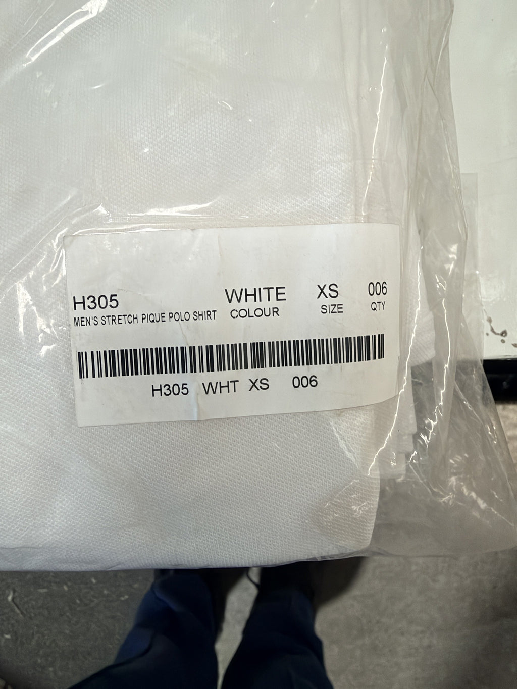 Pack label – H305 White, XS, qty 006 – actual stock