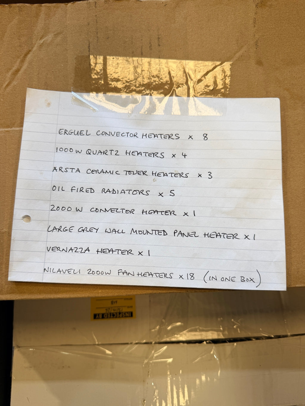 Handwritten pallet manifest – 41 heaters