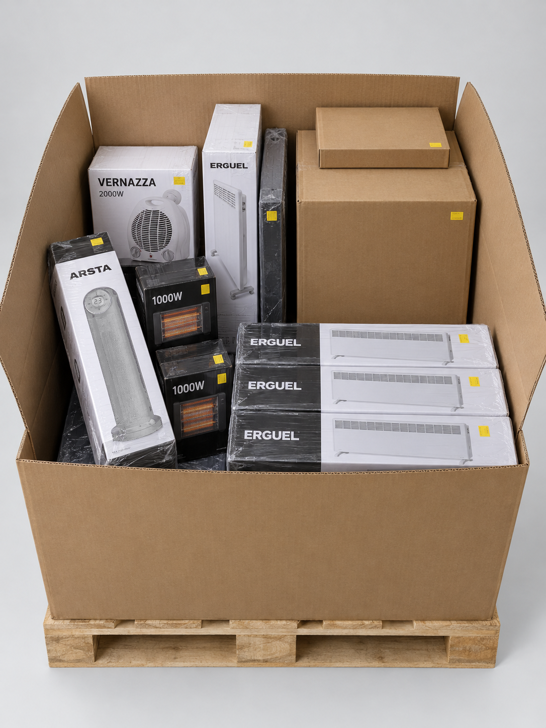 Pallet of 41 boxed heater customer returns – studio image