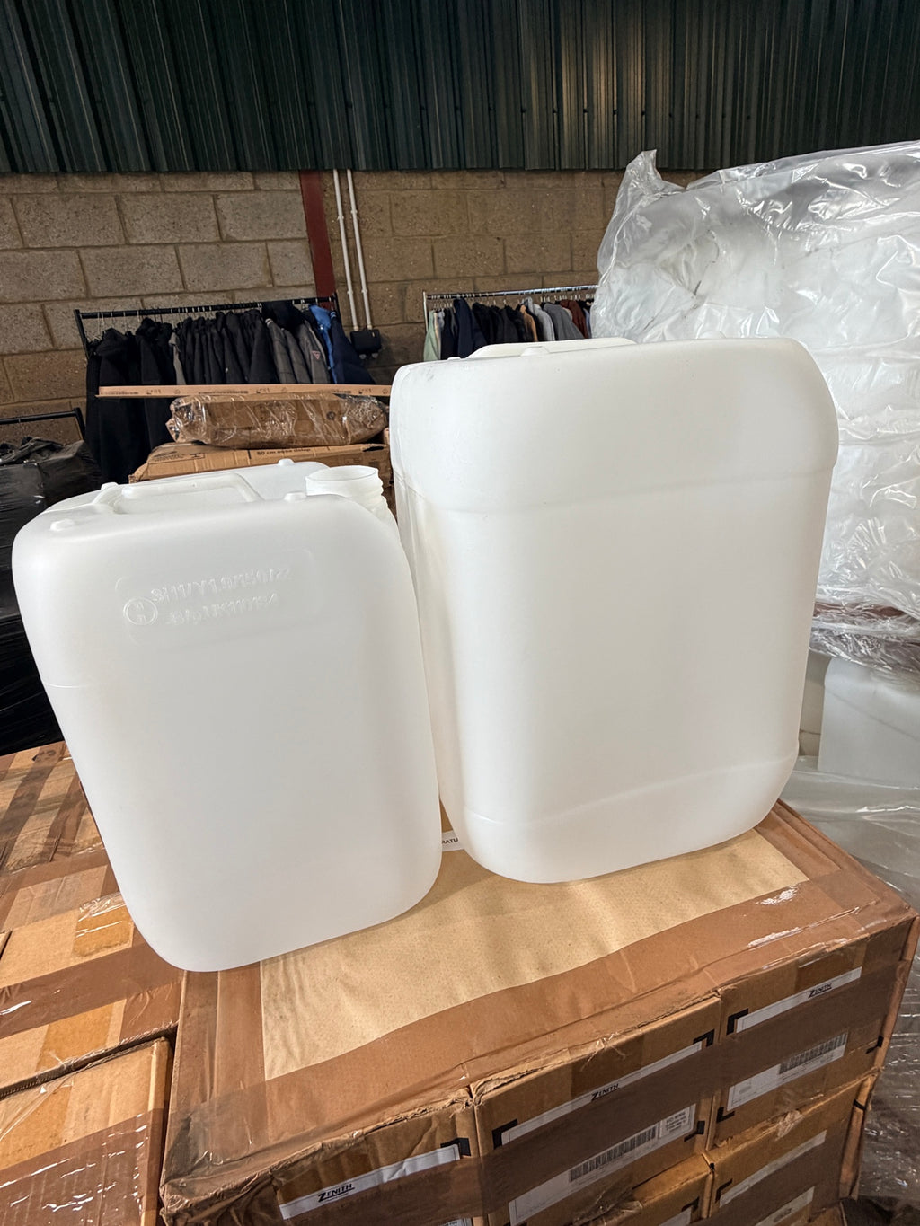 10L jerry can (left) beside a 20L can – actual stock