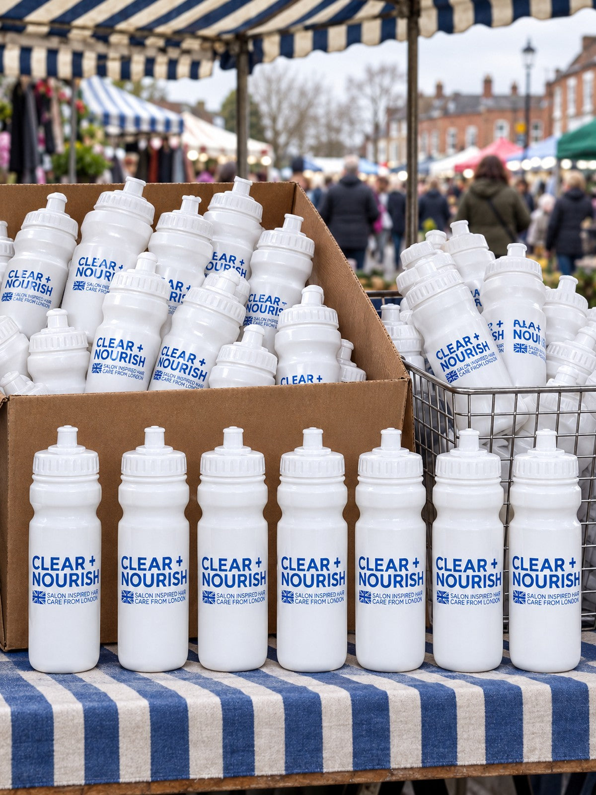 Bottles displayed for sale on a market stall