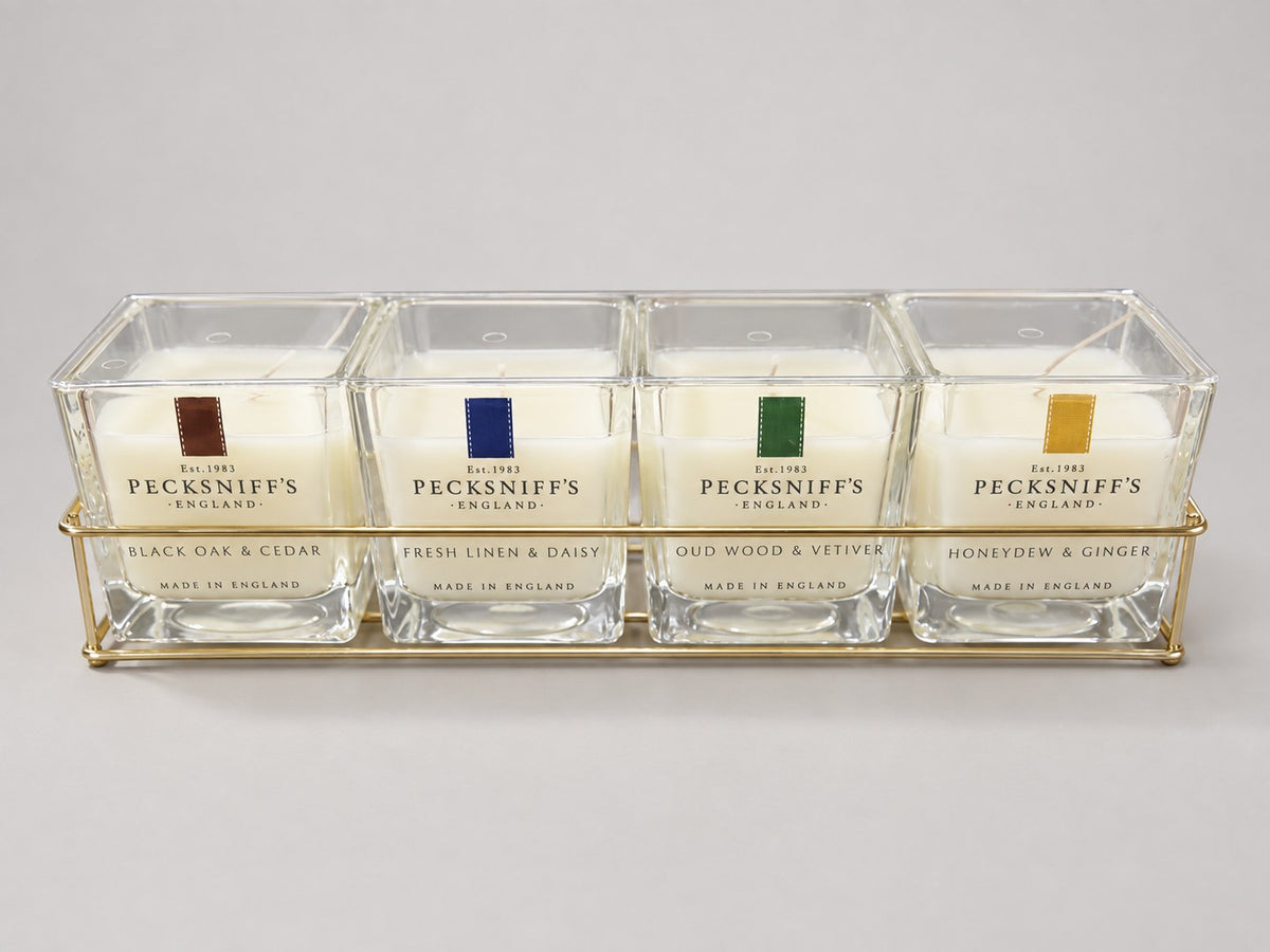 Pecksniff's Prestige four-candle gift set in gold caddy – studio photo
