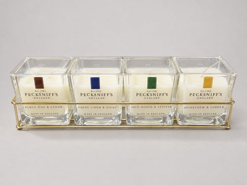 Pecksniff's Prestige four-candle gift set in gold caddy – studio photo