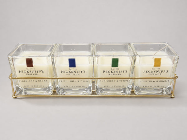Pecksniff's Prestige four-candle gift set in gold caddy – studio photo