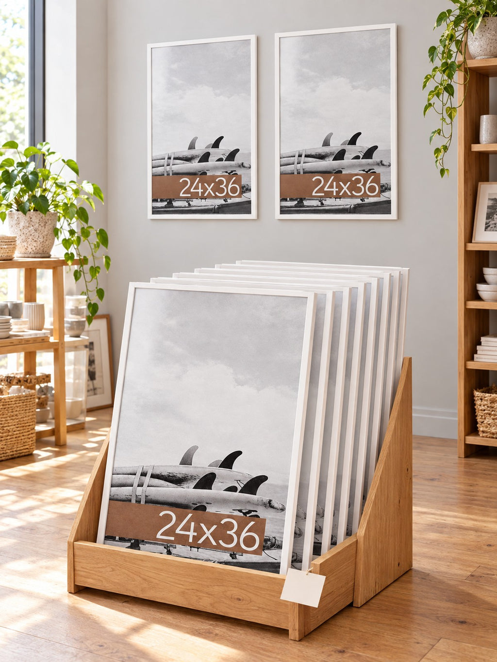 Illustrative scene: MCS 24x36 white poster frames displayed in a browser rack in a homeware shop