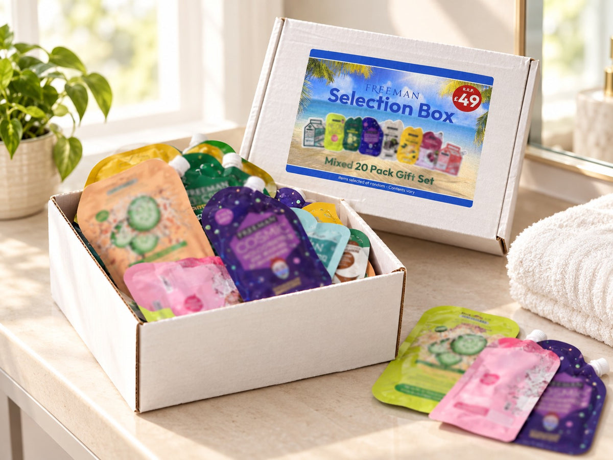 Freeman Selection Box open at home with face-mask sachets (illustrative scene)