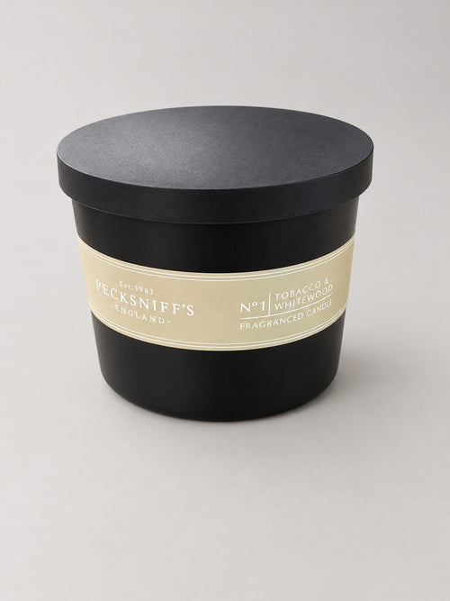 Pecksniff's No.1 Tobacco & Whitewood 3-wick candle 283g – studio photo