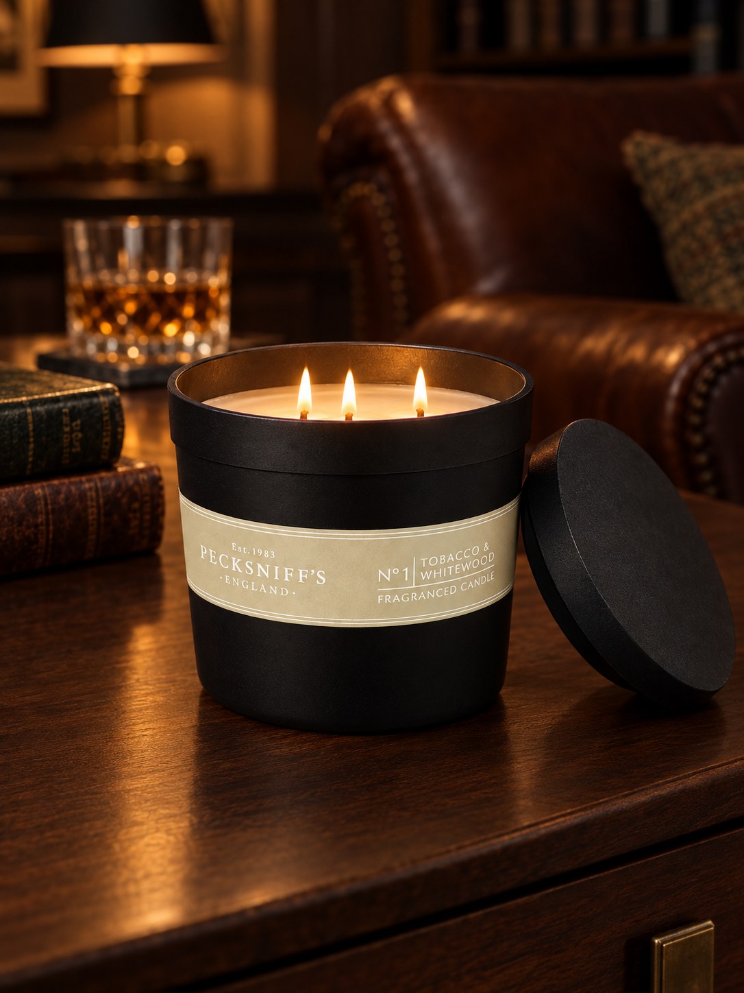 No.1 Tobacco & Whitewood candle lit on a walnut sideboard (styled image)