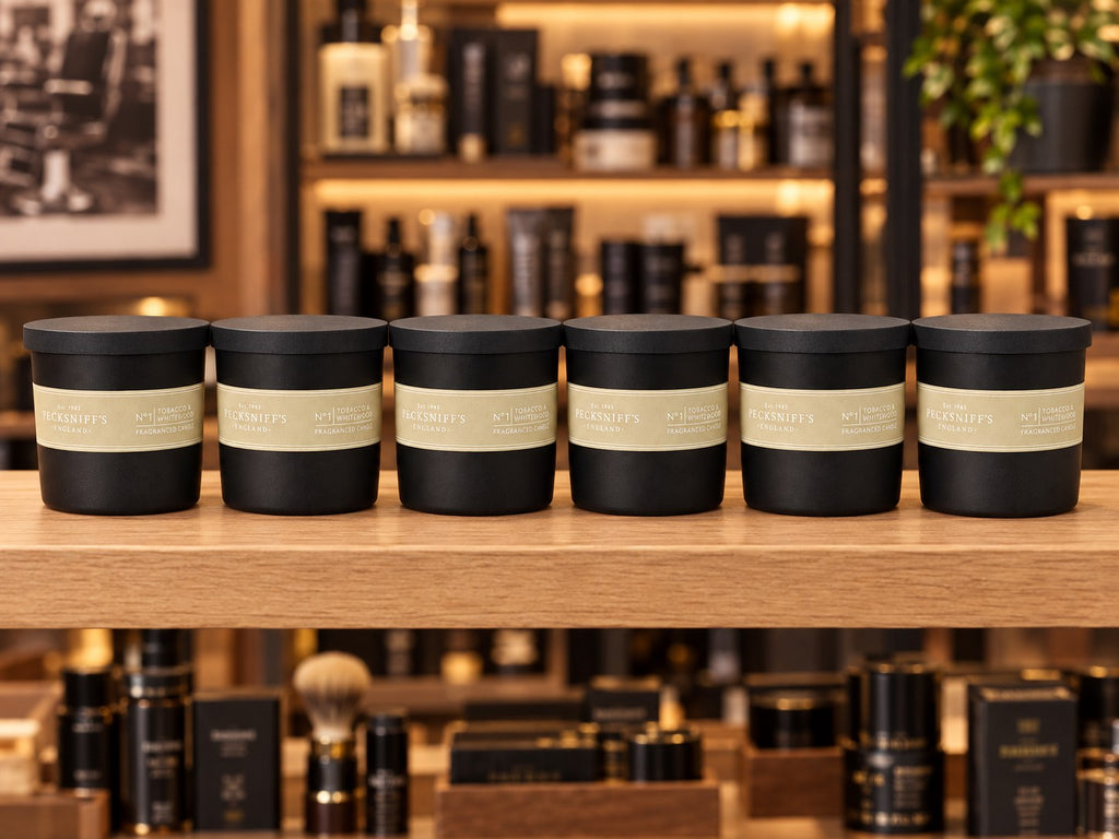 Six No.1 Tobacco & Whitewood candles on a shop shelf (styled image)