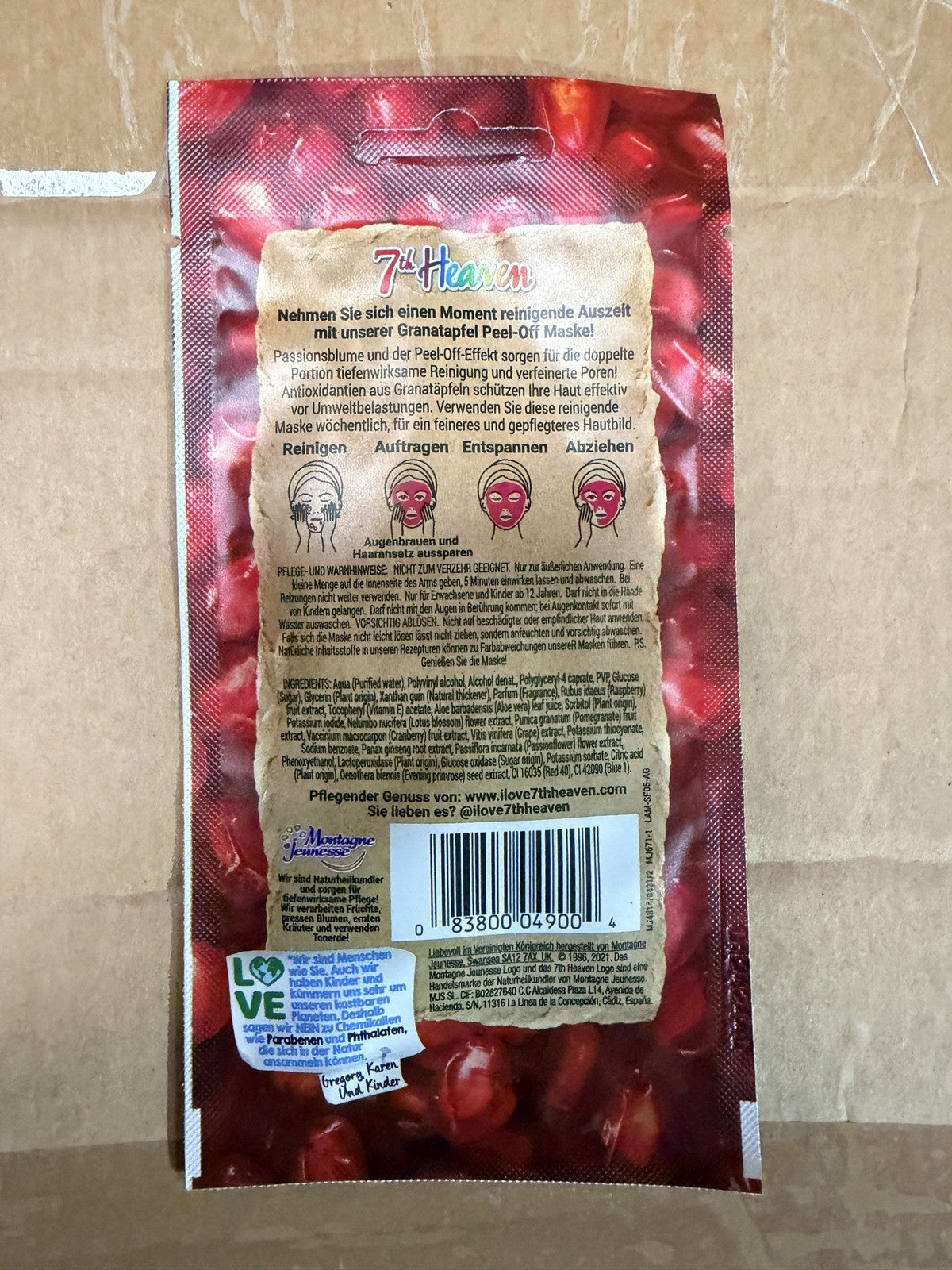 7th Heaven Pomegranate Peel-Off Mask sachet – actual stock, back with ingredients