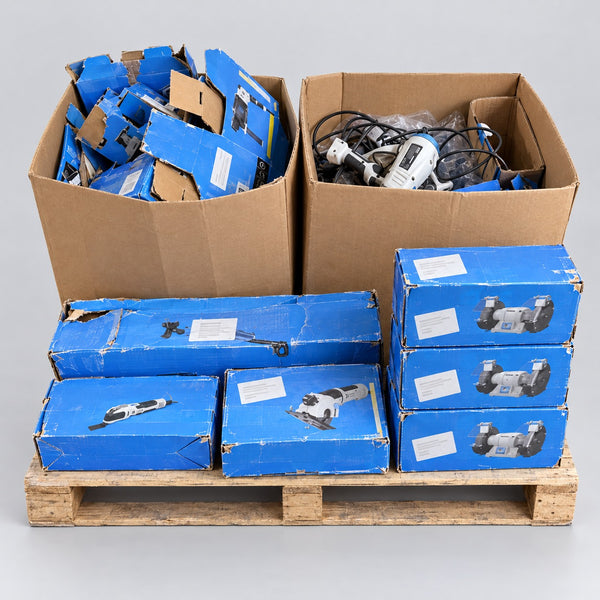 B&Q Customer Returns Pallet – Mac Allister Power Tools – studio illustration of the pallet