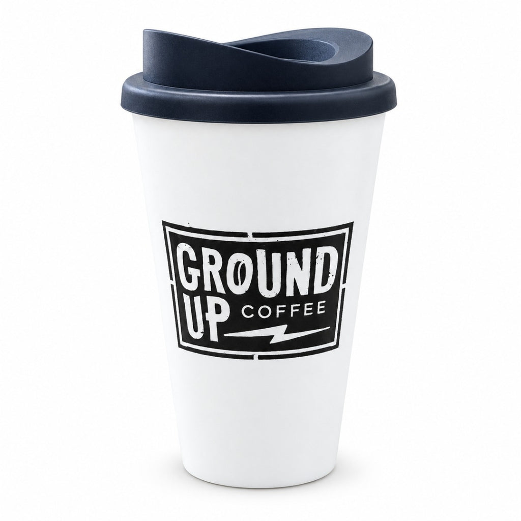 Ground Up Coffee Branded Reusable Travel Cups with Lids – studio image of the actual stock