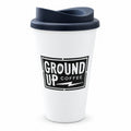 Ground Up Coffee Branded Reusable Travel Cups with Lids – studio image of the actual stock