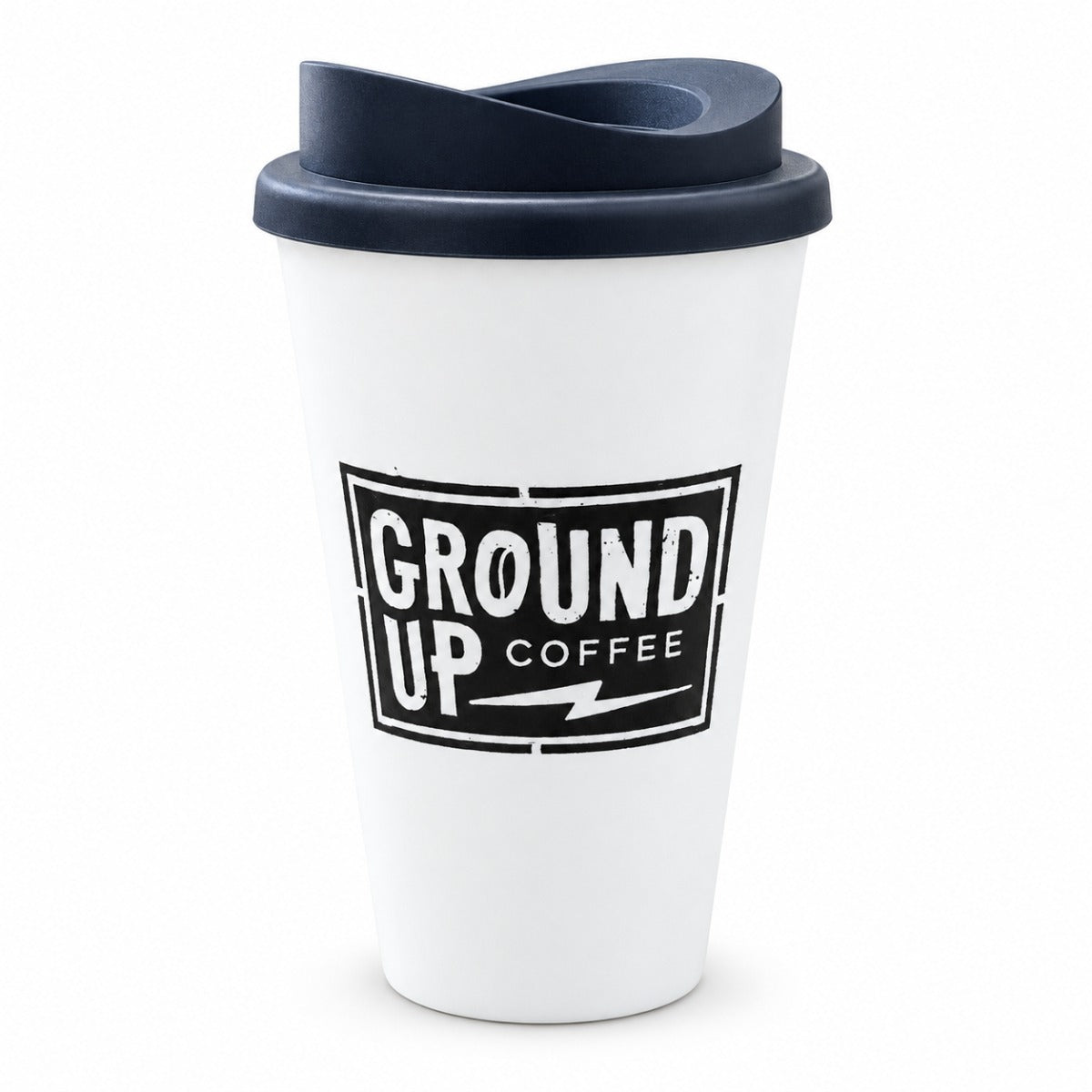 Ground Up Coffee Branded Reusable Travel Cups with Lids – studio image of the actual stock