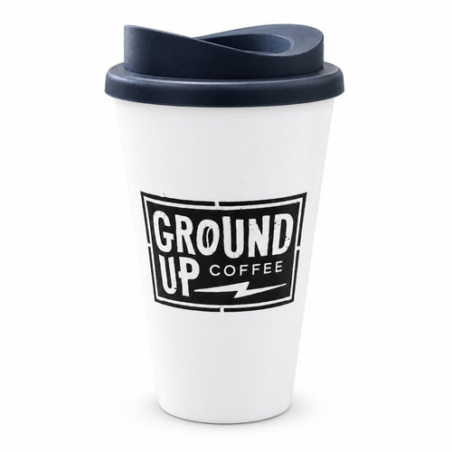 Ground Up Coffee Branded Reusable Travel Cups with Lids – studio image of the actual stock