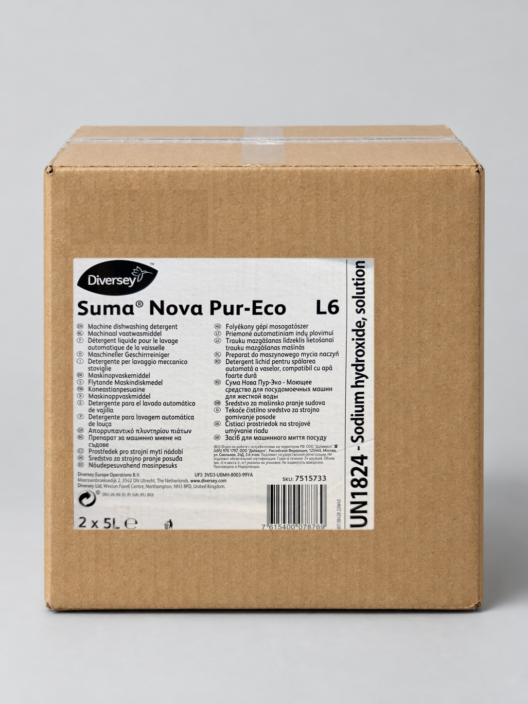 Diversey Suma Nova Pur-Eco L6 2 x 5L case, 7515733 – studio image with the real case label