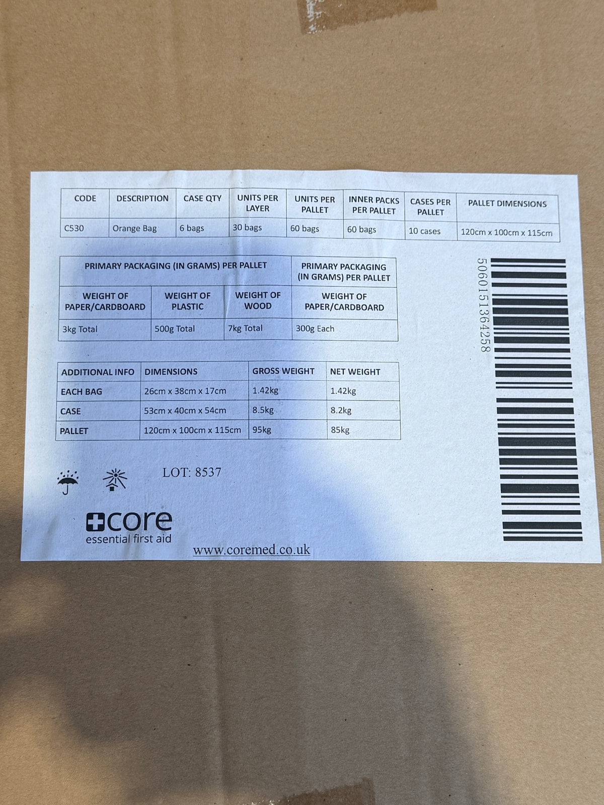 Core C530 Orange Bag case label – 6 bags per case, 26 × 38 × 17cm