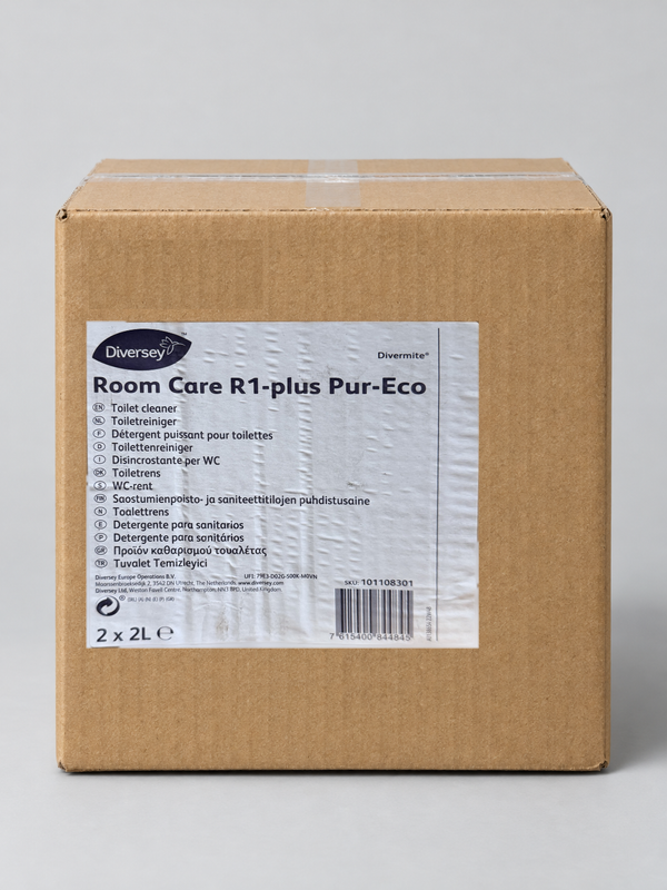 Diversey Room Care R1-plus Pur-Eco 2 x 2L case, 101108301 – studio image with the real case label